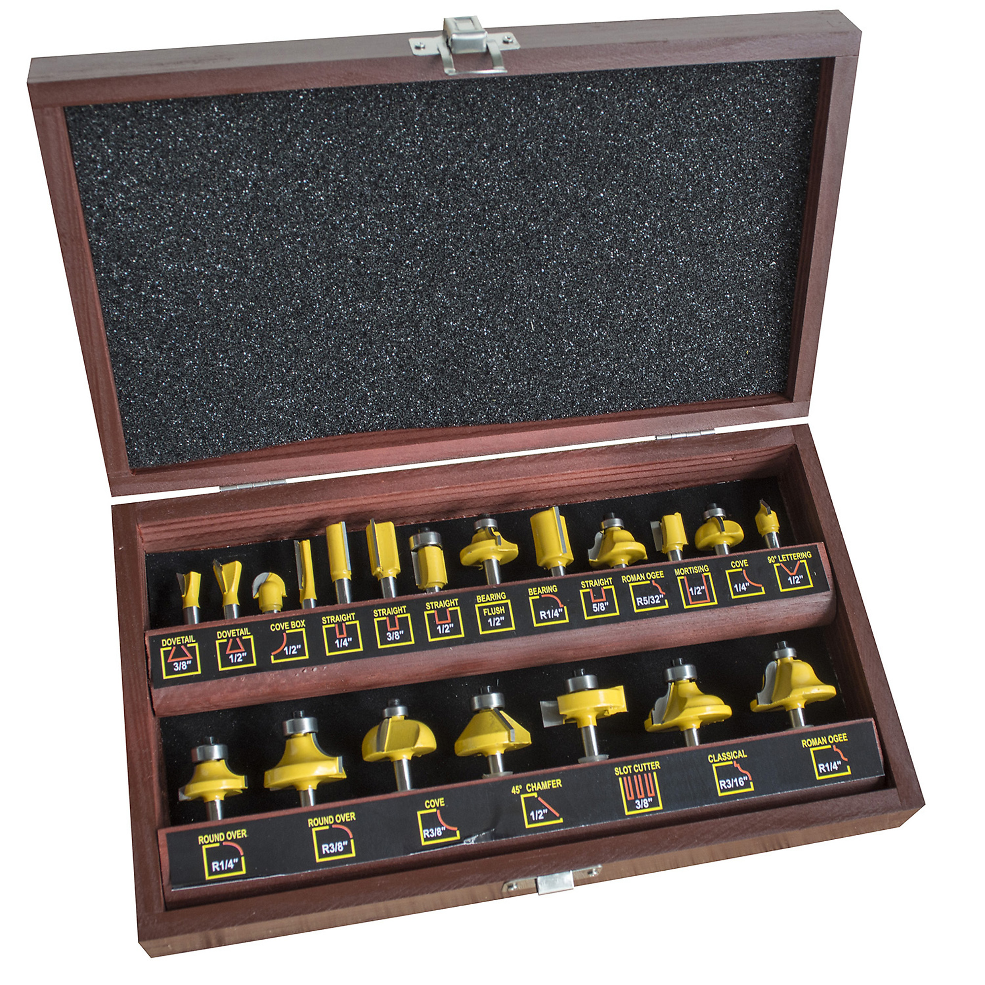 ProSeries, 20 Piece Router Bit Set in Wood Box, Shank Size 1/4 in, Bit Diameter Multiple in, Model# RBSET20